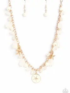 Surfer Serenade - Gold Starfish Charms, Ivory Beads, Opaque Ivory Beads and Baroque Pearls Drip on Gold Chain with Ivory-Painted Gold Disc with Starfish Center Pendant Necklace