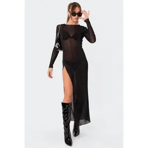 Glitter Mesh Slitted Maxi Dress