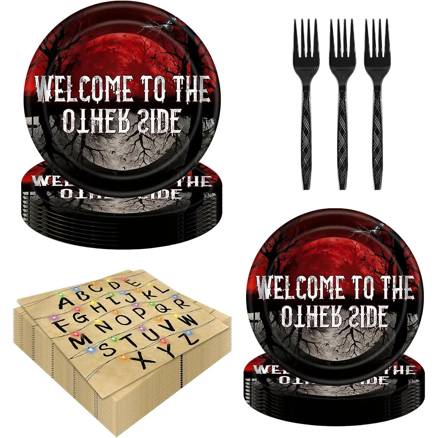 84Pcs Disposable Stranger-Themed Birthday Party Decoration Kit with Print, 20 2-Size Paper Plates, 24 Napkins, 20 Red and Black Forks Tableware Set