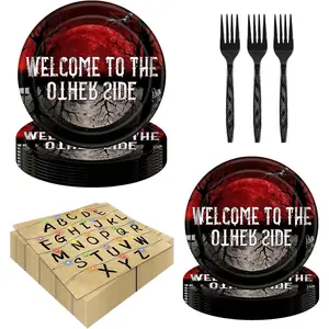 84Pcs Stranger Birthday Party Decorations Include 20 Paper Plates of 2 Size, 24 Napkins, 20 Forks Red and Black Birthday Tableware Set