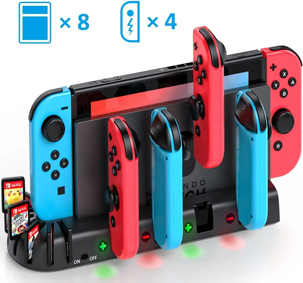 Switch Controller Charger Dock Station Compatible with Nintendo Switch Accessories & OLED Model Joycons, KDD Joycon Charging Dock Station with Upgraded 8 Game Storages, Game Accessories