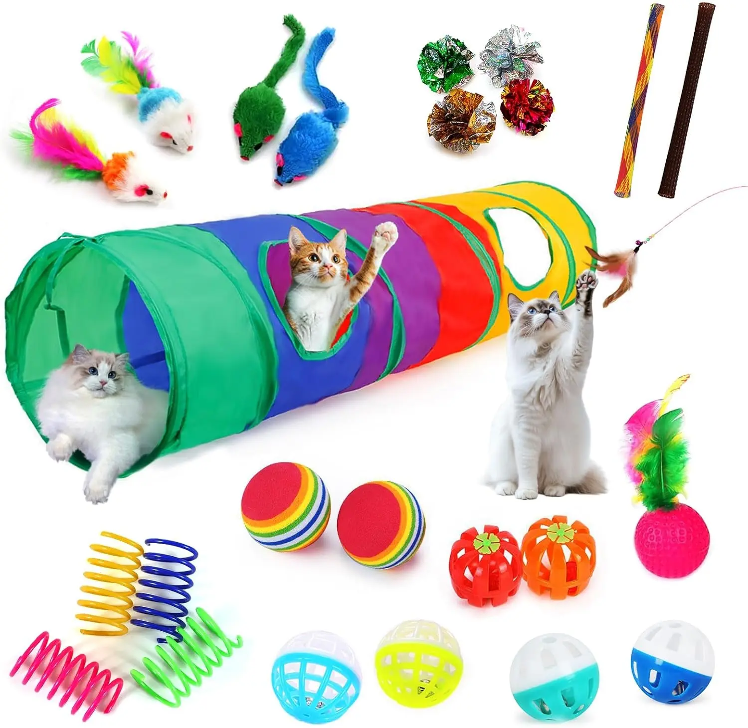 25-Piece Cat Toy Set with Rainbow Tunnel – Interactive Kitten Play Bundle