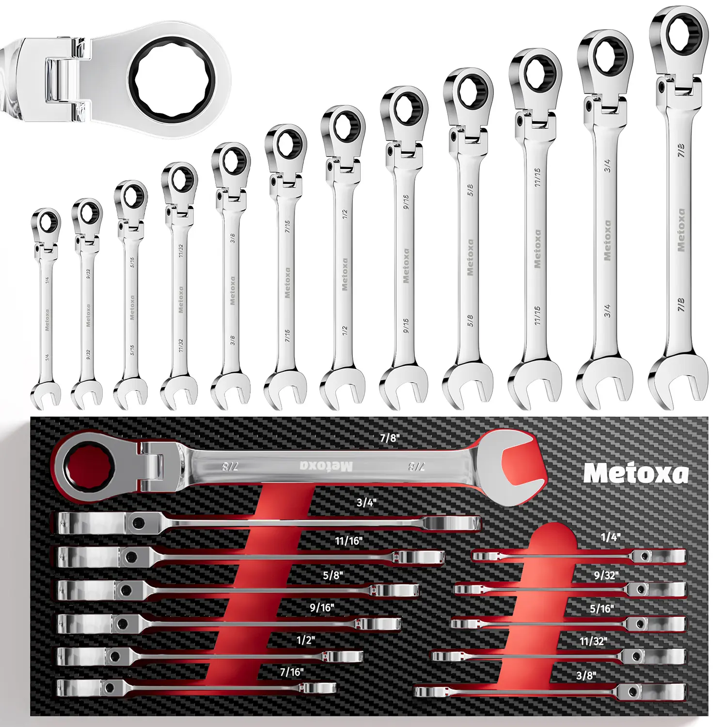 METOXA 12-Piece SAE Flex-Head Ratcheting Combination Wrench Set, 72-Tooth CR-V Steel Wrenches with EVA Organizer Tray, Heavy-Duty Hand Tools for Auto Repair, Garage Work