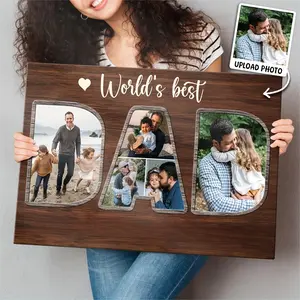[Customized] 1pc, Personalized "Best Dad in The World" Framed Framed Canvas Collage with Custom Photo Upload - Heartfelt Gift from Daughter Or Son to Dad, Perfect for Living Room, Bedroom, Home O, Fathers's Day, Football Star, Independence Day, Juneteenth