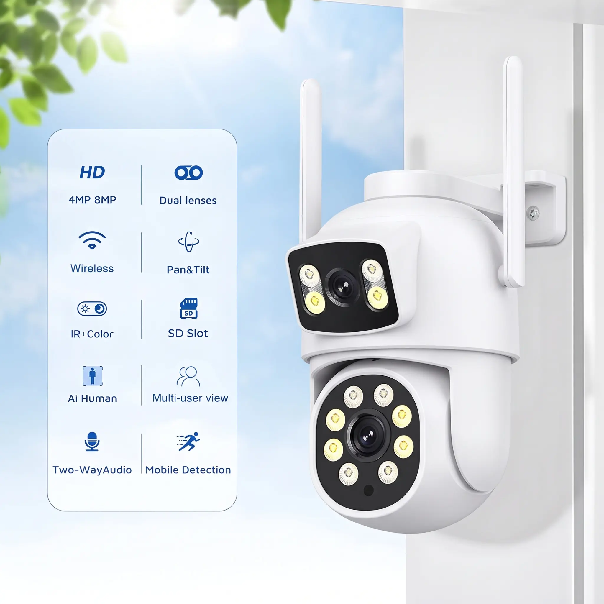 HD 4MP 8MP Dual Lenses Wireless Pan&Tilt IR Color SD Slot AI Human Multi-user View Two-Way Audio Mobile Detection Security Camera