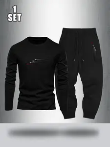 Men's Trendy Fashion Set, Long Sleeve T-Shirt + Jogger Sports Pants Two-Piece Tracksuit Set, Airplane Track Print, Casual Style, All Seasons