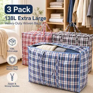 3 Pack 138L Extra Large Moving Bags with Zippers & Handles, Heavy Duty Storage Totes for Clothes, Laundry, Travel & Seasonal Storage