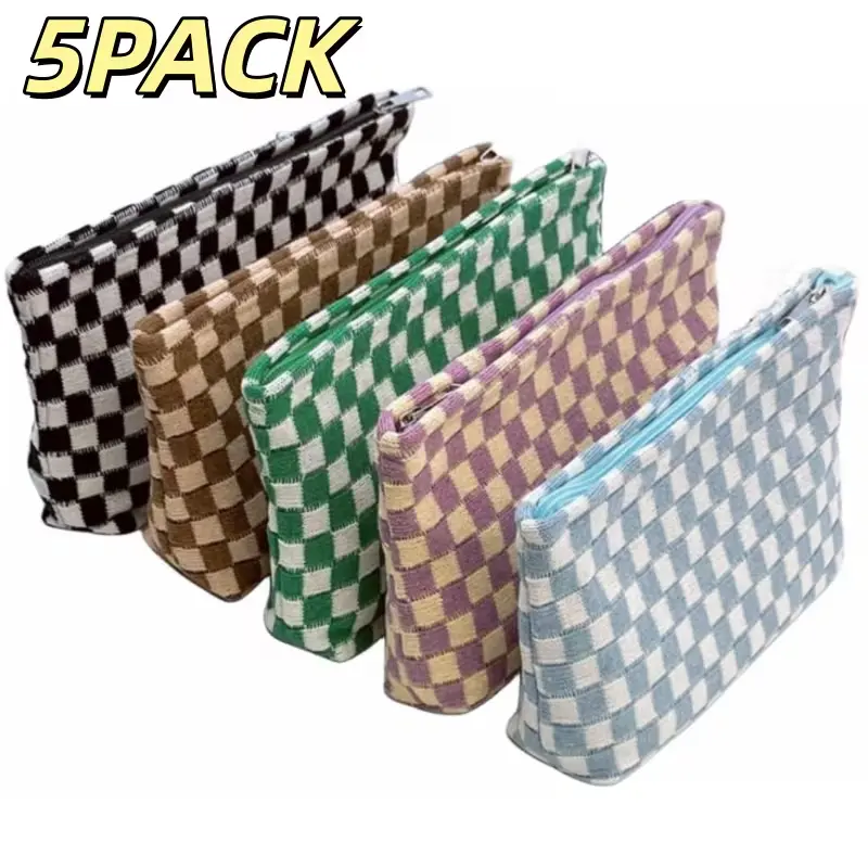 5pcs Stylish Checkered Makeup Bag for Women, Preppy Cosmetic Bag, Travel Toiletry Bag Organizer Cute Makeup Brushes Storage