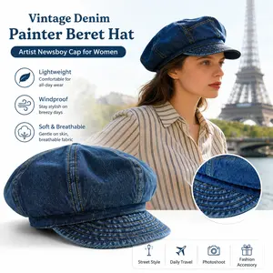 Women Vintage Denim Painter Beret Hat, Soft Solid Color Artist Newsboy Cap, Windproof Lightweight Casual Baker Boy Hat for Street Daily Travel Photoshoot Fashion Accessory