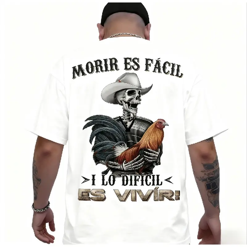 🐓☠️[Graphic Tee]"Men's Moris Es Facil Mexican Style T-Shirt – Big Rooster Gamefowl Graphic Tee, Casual Cotton Menswear, Father's Day Gift for Dad, Husband & Him, Mexican Culture Inspired, Cool Streetwear, Everyday Wear Shirt"