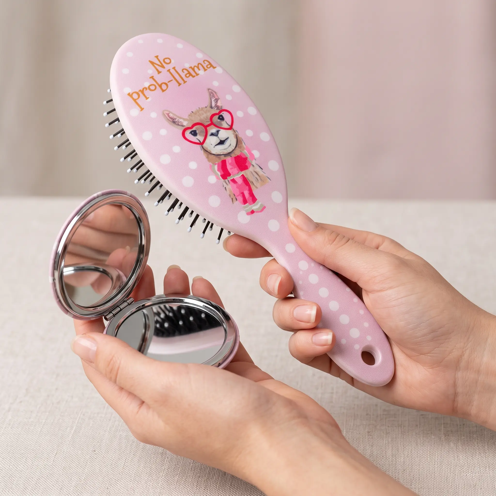Pink Llama 2-Piece Personal Care Brush Set - Detangling Hairbrush & Magnifying Glass Mirror, All Wet/Dry Hair Safe, Quick Fix for Tangles, Ideal for Makeup Application, Compact