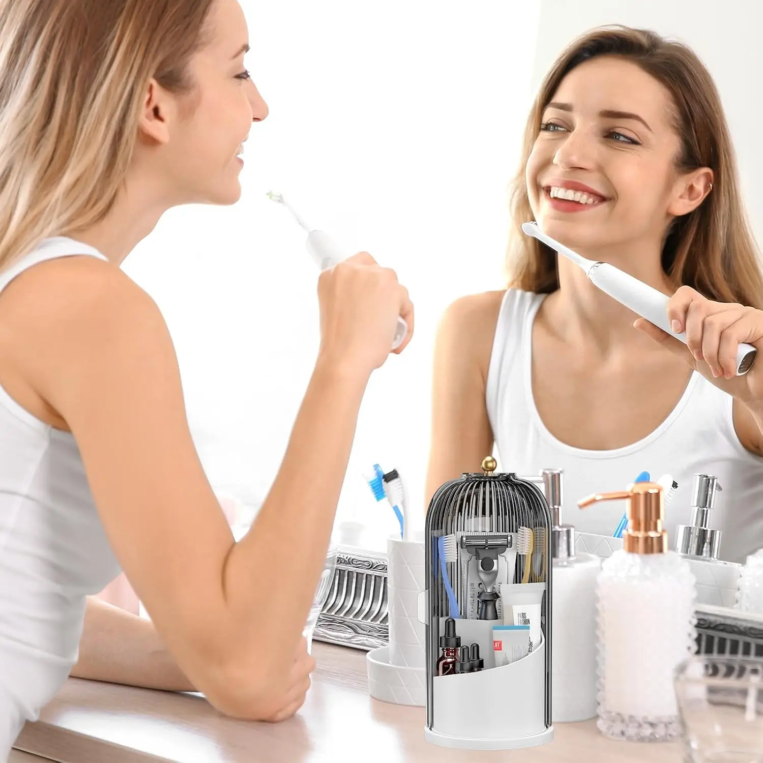 Elegant transparent toothbrush organizer in a modern bathroom