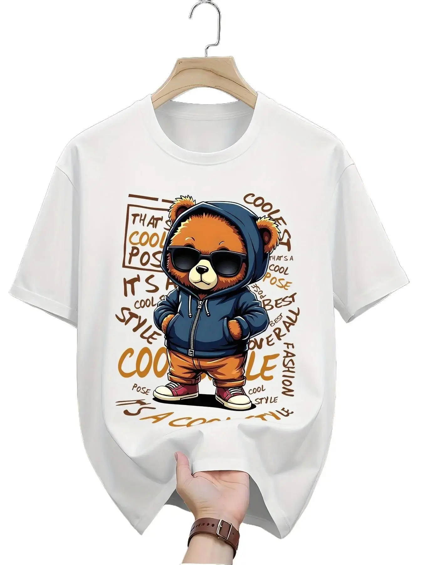 Men's 100% Cotton Cool Bear Graphic T-Shirt - Regular Fit Fitted Round Neck Short Sleeve Knit Apparel, Boho Style Stretch Menswear, for Daily & Sports Wear, Childrens Day Christmas Easter Item
