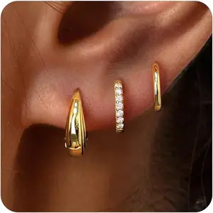 Small Sterling Silver Huggie Hoop Earrings Set for Women, Hypoallergenic 14K Gold Plated Hoops Stacks for Multiple Piercings, Dainty Cute Mini Lightweight Cartilage Studs Trendy Jewelry Gift