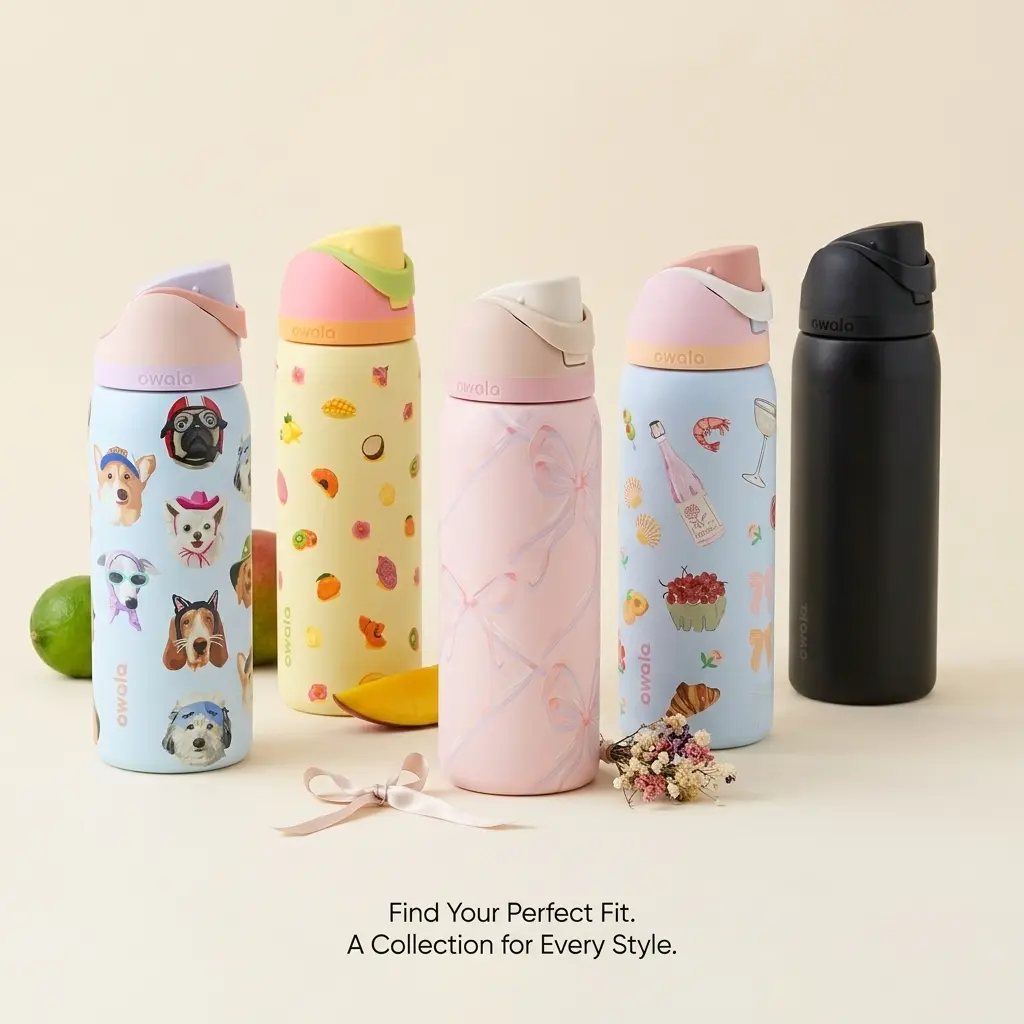 Owala FreeSip Insulated Stainless Steel Water Bottle with Straw for Sports and Travel, BPA-Free, 32oz, Dog Collage, Sugar Plum Fairy, Black
