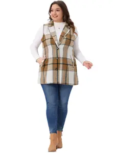 Agnes Orinda Women's Plus Size Plaid Vest Curvy  Notched Lapel Checkered Sleeveless Long Vest Casual Jacket Outerwear