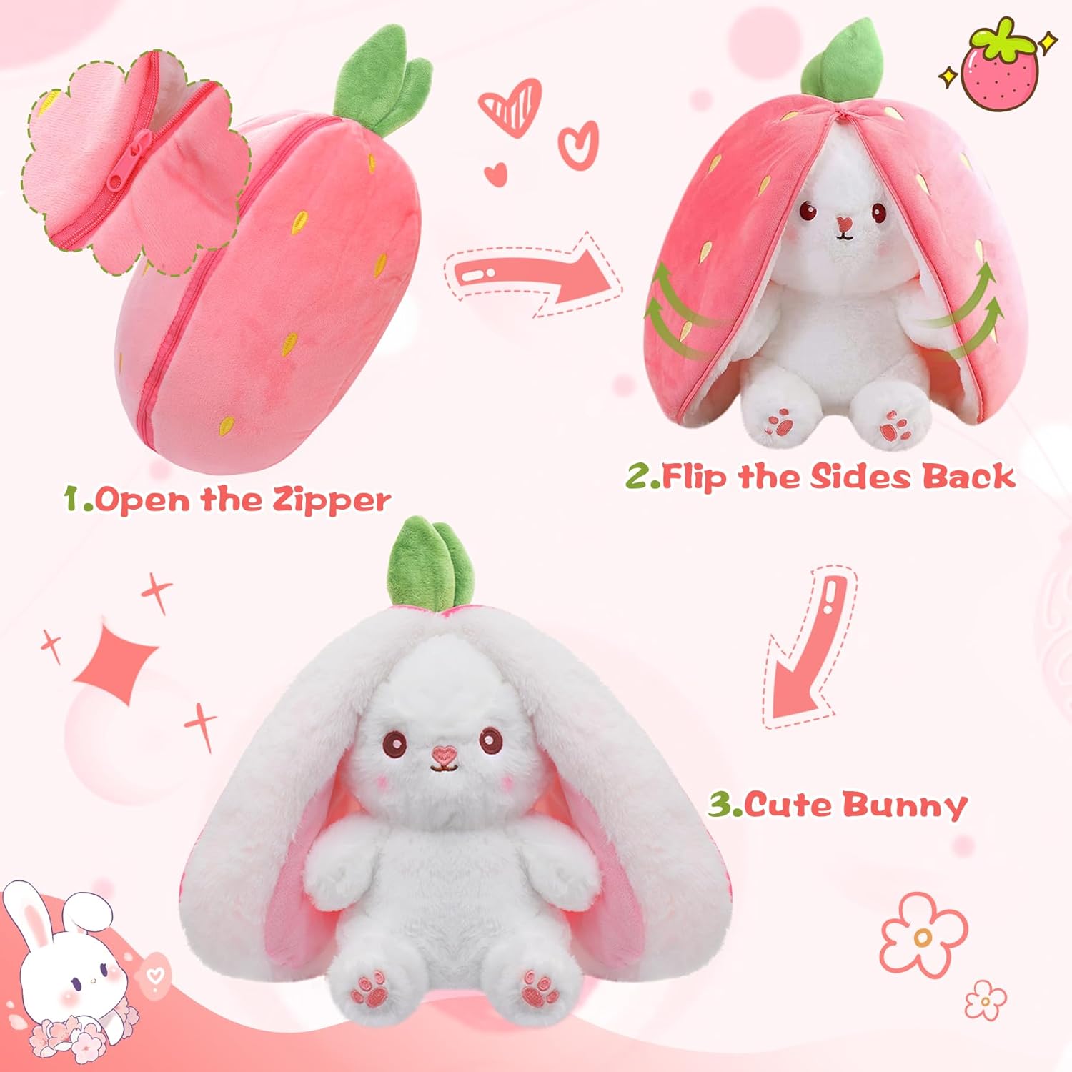Bunny Stuffed Animal, Strawberry Reversible Cuddle Bunny Plush Doll with Zipper Cute Soft Rabbit Toys Pillow for Kids and Adults Easter Bunnies Plushies Gifts Bunny Stuffed Animal, Strawberry Reversible Cuddle Bunny Plush Doll with Zipper Cute Soft Rabbit Toys Pillow for Kids and Adults Easter Bunnies Plushies Gifts