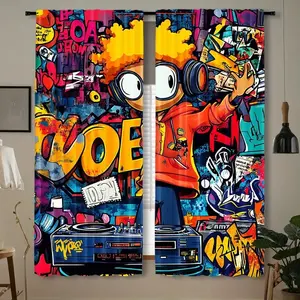 Vibrant Graffiti Hip Hop Music Print Curtains, Window Curtain, HD Digital Printing, Rod Pocket Installation, 100% Polyester, All-Season UV Protection
