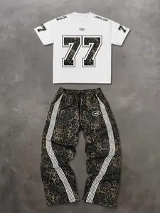 Trendy Streetwear Short-Sleeve Long Pants Set, Oversized Short-Sleeved + Straight-Leg Leopard Print Sweatpants, High-Street Hip-Hop Style, Trendy Two-Piece
