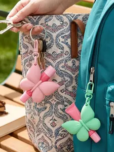 Pink Butterfly Silicone Lipstick Holder Keychain Bag Charm, Elastic Lipstick Pouch Lipstick Lip Gloss Holder Butterfly Clip Keyring Lip Balm Lip Glaze Storage Box Pendants  for Handbags,Backpacks,Beach Bag,Gym,Hiking,Travel Makeup Accessory Holiday Gift