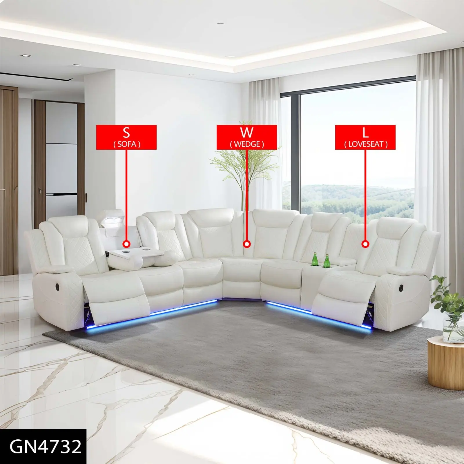 3-Piece Power Reclining Sectional Sofa for Living Room - Adjustable Reclining, Contemporary Luxury Design, Ambient LED Lights, Built-In Cup Holders, Wireless Charging, USB Ports, Storage Console, 3-Piece Set