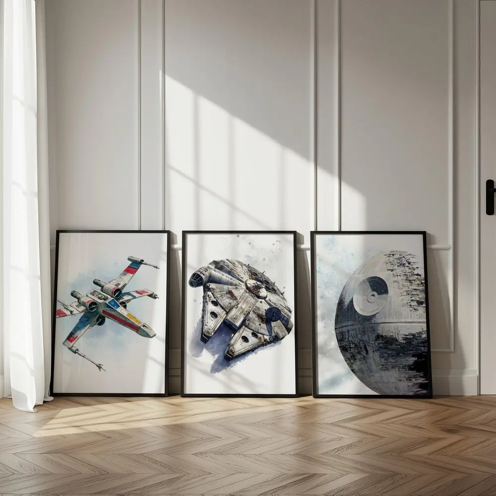 Set of 3 Spaceships Prints | Millennium Falcon X-Wing Death Star Wall Art | Boys Room Man Cave Decor | Digital Download