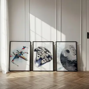 Set of 3 Spaceships Prints | Millennium Falcon X-Wing Death Star Wall Art | Boys Room Man Cave Decor | Digital Download