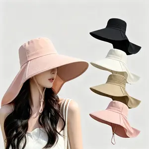 Elegant Wide Brim Sun Hat for Women, UPF 50+ UV Protection Summer Beach Bucket Hat, Foldable Water-Resistant Cap with Extended Neck Flap & Ponytail Hole