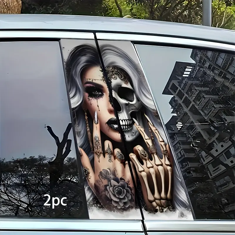 2Pcs Bones and Girls Vinyl Door Stickers - Waterproof, Scratch Resistant, Self Adhesive Film with Smooth Surface for Car Exteriors, Bones Design, Durable Vinyl Stickers, Car Stickers, Car Decals, Decal For Cars, Automotive Decals, Automobile Decals
