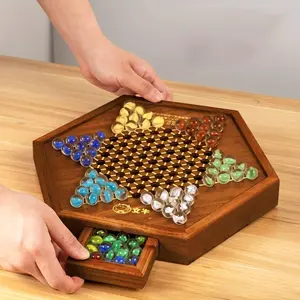 1 set of luxury wooden Chinese checkers game - hexagonal board with storage drawers, 60 acrylic pieces and 12 spare pieces, classic family strategy game, suitable for family gatherings, party games
