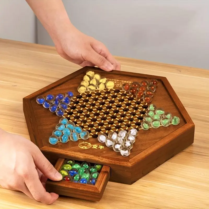 1 set of luxury wooden Chinese checkers game - hexagonal board with storage drawers, 60 acrylic pieces and 12 spare pieces, classic family strategy game, suitable for family gatherings, party games
