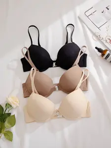 Women's Simple Solid Color Bra Set, Adjustable Straps and Front Closure, Casual Style, Comfortable Support, Daily Wear