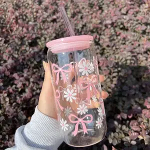 16oz Bow & Flower Pattern Glass Cup, Glass Water Bottle with Straw & Lid, Drinking Cup for Home Office School, Gift for Friend, Clear Water Bottle