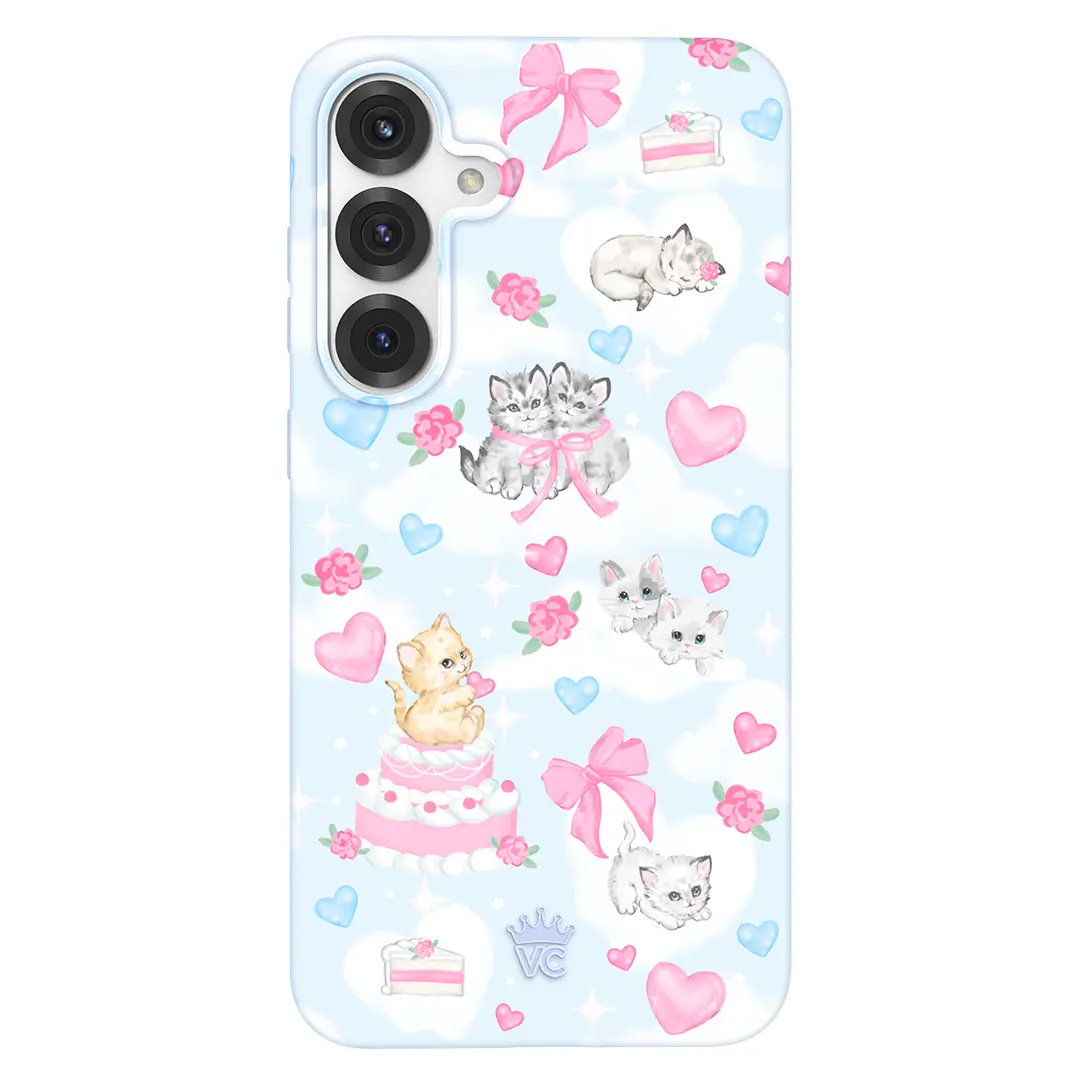Velvet Caviar Group Inc Protective Smartphone Case - Animal-Themed Handheld Accessory with Hand-Drawn Kittens, Cake, Clouds on Baby Blue Glossy Base, Phone Protection for Samsung Phones, Cellphone