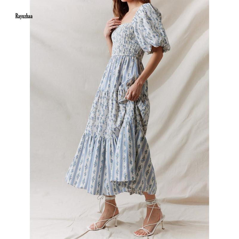 Women Long Dress Floral Print Square Neck Short Sleeve Dress Summer Fashion Casual Dress Check Light Polyester Womenswear