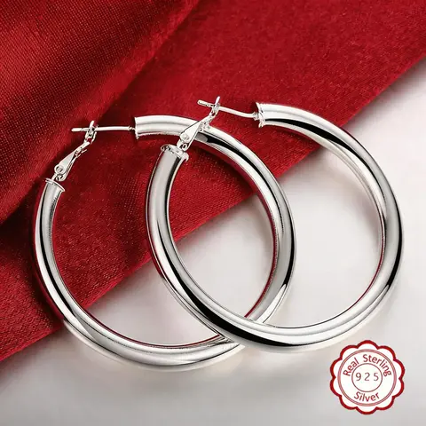 Women's 925 Silver Chunky Hoop Earrings for Women - 50mm Lightweight Hollow Tube, Handmade Custom Hypoallergenic Lead & Nickel Free Metal Coating, Shinny Polished Daily Wear Jewelry, Ideal Female Birthday Gifts