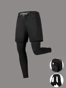 Men's Double-Layer Sports Pants, Multi-Pocket Drawstring Fitness Running Long Pants, Outdoor Casual Basketball Gym Shorts with Towel Loop, Lightweight Athletic Shorts, Drawstring Waist Shorts, Drawstring Active Shorts
