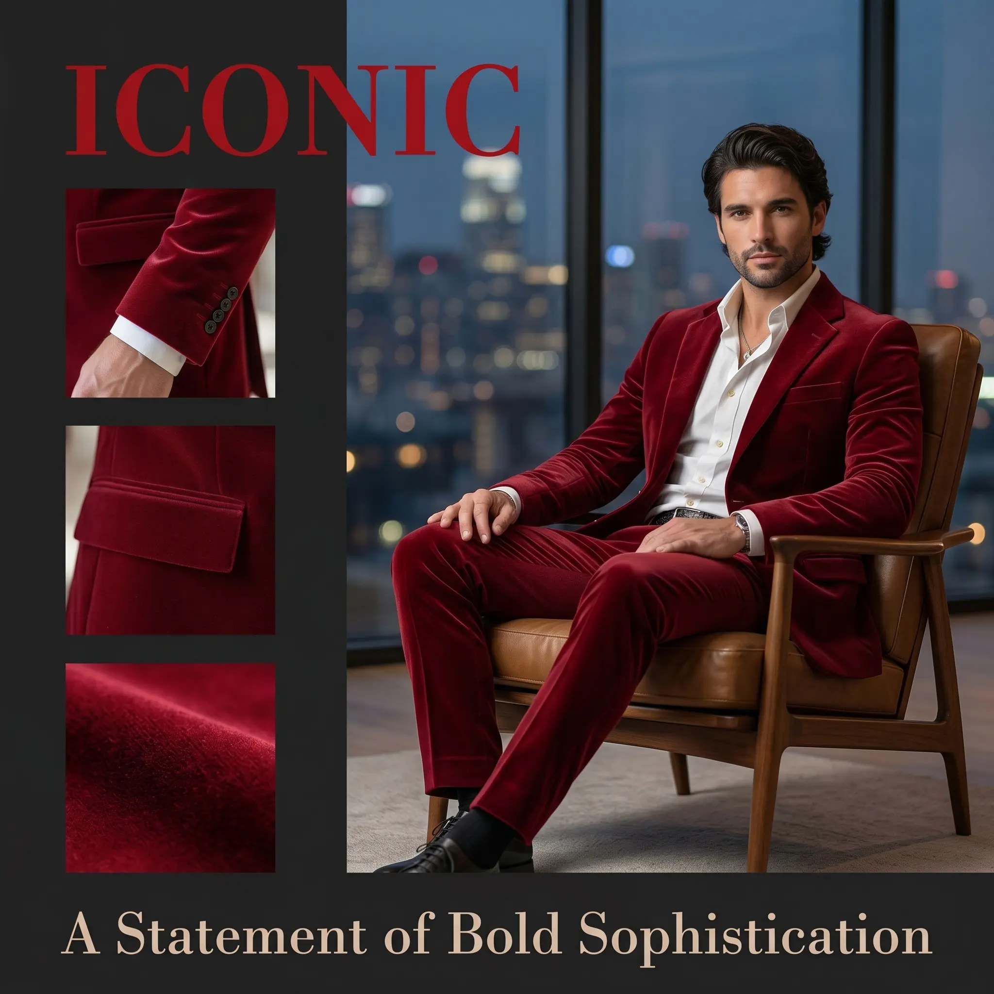 Men's Luxury Burgundy Velvet 2-Piece Slim-Fit Formal Wear Tuxedo - Long Sleeve, V-Neck, Fitted Blazer, Tuxedo Men's Suit Separates for Christmas Prom Wedding Guest Elegant Menswear（Sizes run small; please consult customer service for details）