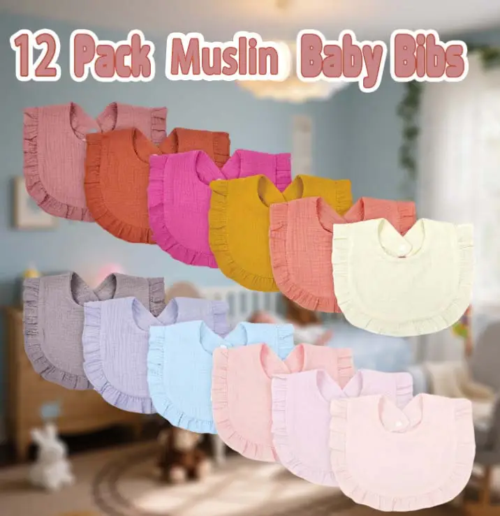 12 Pack Muslin Baby Bibs Soft Organic Cotton Unisex Gift for Newborns & Infants Ultra Absorbent 4 Layer Construction Adjustable Snap Closure Multi Pur