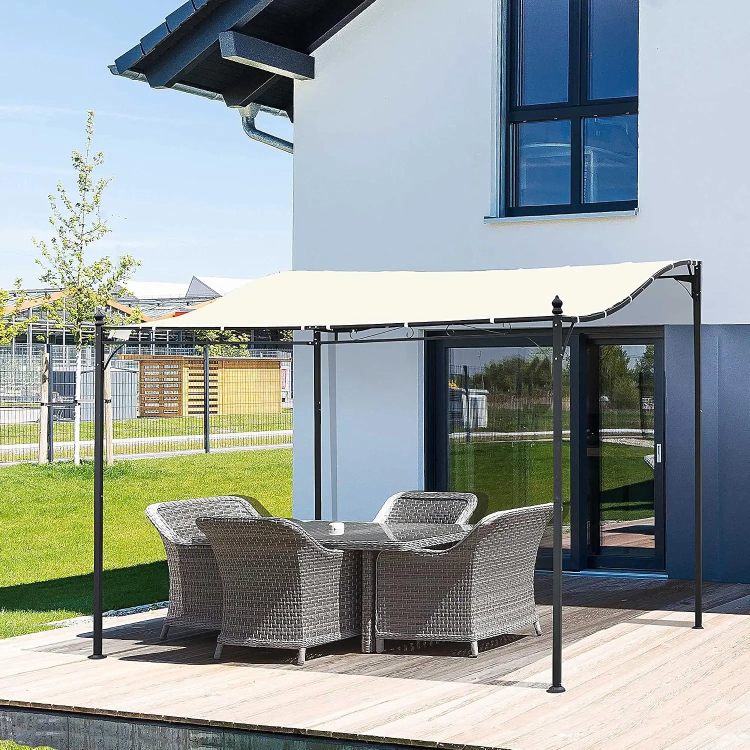 Greywick 10x10 ft Steel Pergola Gazebo, European Scrollwork Frame, PA-Coated Canopy with 16 Drainage Holes, 8 Ground Stakes, Lean-To or Freestanding for Porch, Patio, Deck, Garden