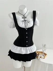 French Style Cute Women Summer Slim Fit Two-Piece Lace Bow Short Sleeve Shirt, Patchwork Design, Fitted Casual Top, Womenswear