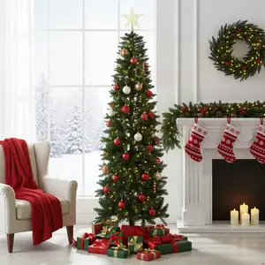 Pre-lit Pencil Christmas Tree, Green Artificial Spruce Slim Christmas Trees with Incandescent Lights, Branch Tips & Foldable Base for Home, Office, Party Decoration