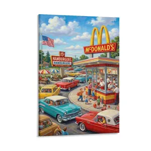 1pc Frameless Canvas Print, Vintage McDonald’s & Classic Cars Scene, Colorful Retro Wall Art, Nostalgic Home Decor for Living Room, Kitchen, Printed Artwork