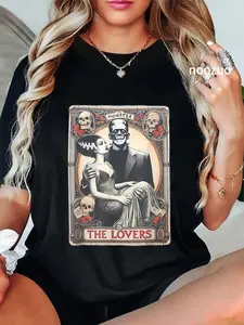 100% Cotton Retro Halloween Frankenstein Tarot Card T-Shirt Couples, Tarot Card Fans