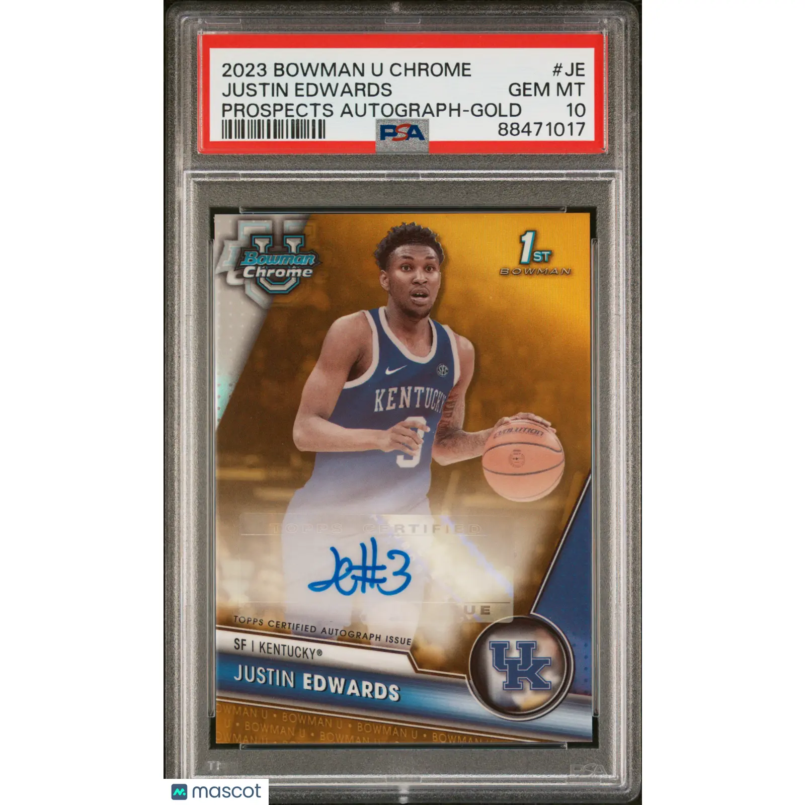 2023 Bowman University Chrome Prospects Autographs Justin Edwards/50 Gold PSA 10