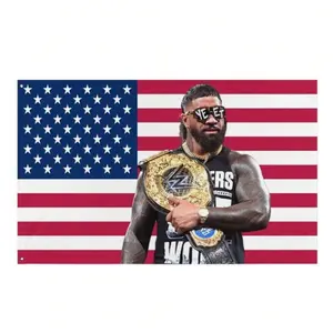 J U Y Wrestling Banner, American Flag Background with Champion Belt Design, 3x5 Ft Indoor & Outdoor Wall Decor Flag for Wrestling Fans