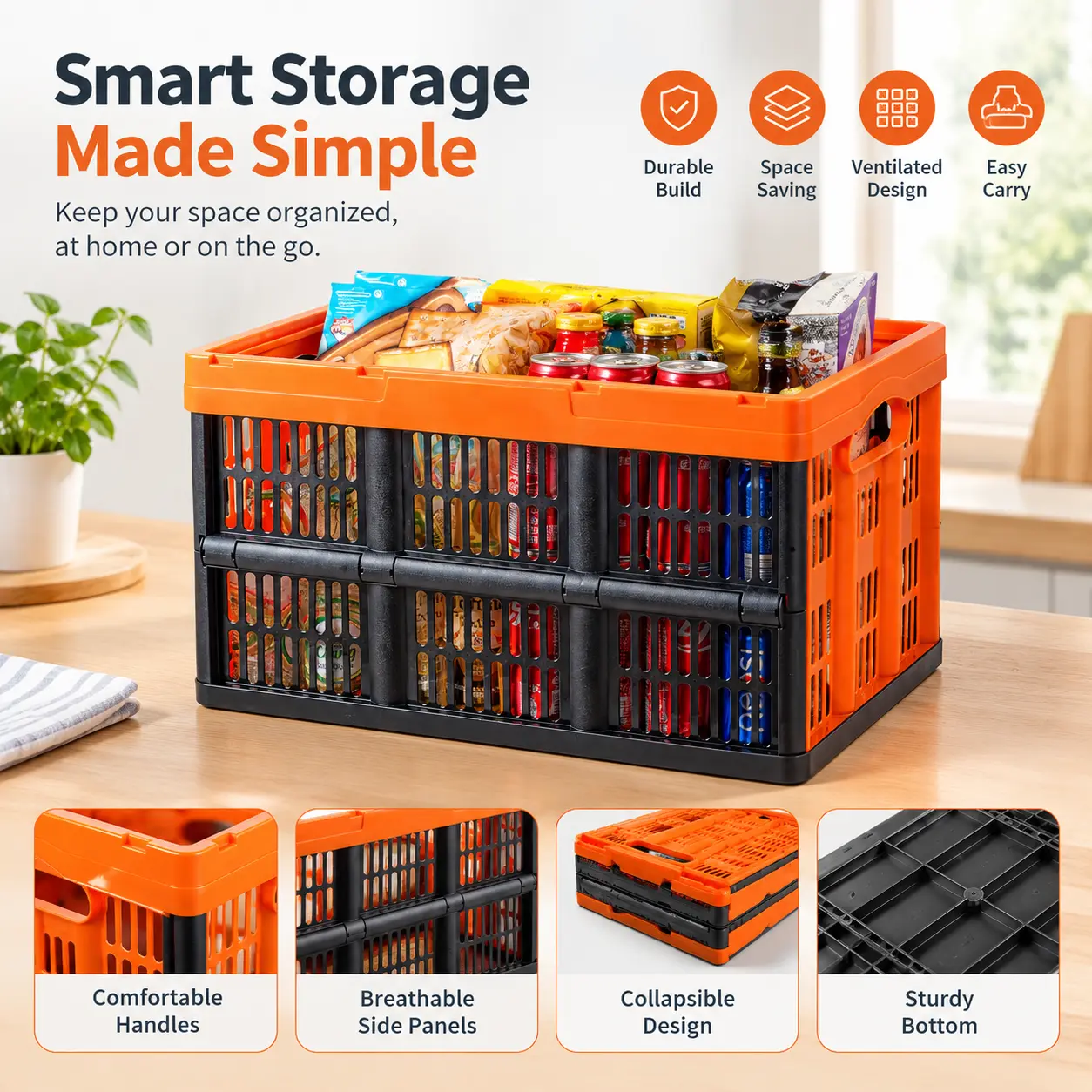 Collapsible Plastic Storage Baskets with Handles, Stackable Folding Bins, 45L, Pack of 3 or 6