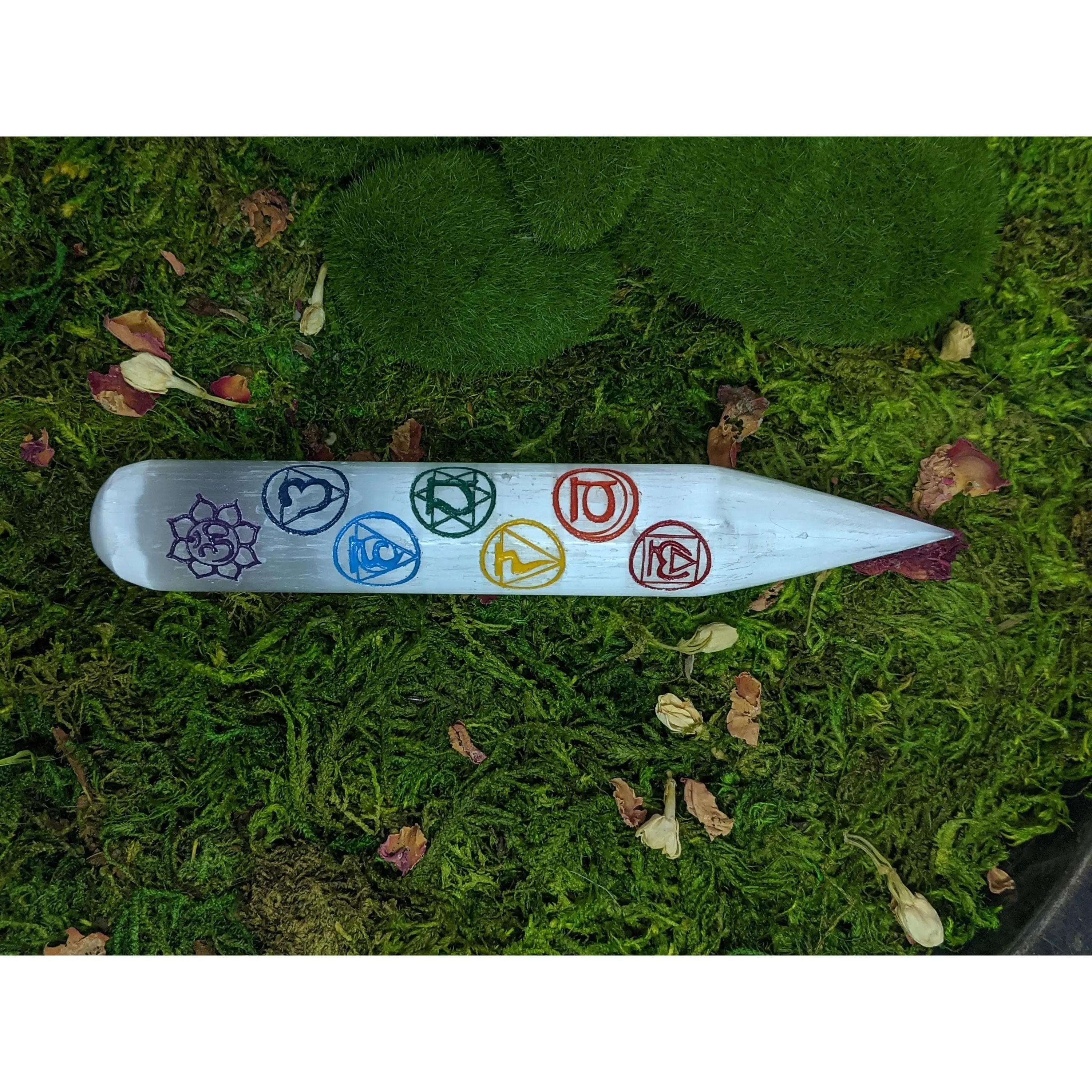 Polished White Selenite Chakra Symbols Massage Wand Etched Mandala Acupressure Pointer Satin Spar Crystal Healing Reiki Therapy Large 6"
