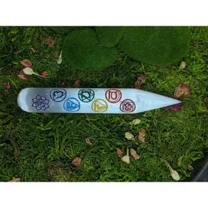 Polished White Selenite Chakra Symbols Massage Wand Etched Mandala Acupressure Pointer Satin Spar Crystal Healing Reiki Therapy Large 6"
