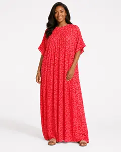 Women's Red Bohemian Kaftan, Casual Wear with Flowing Pattern, Comfortable Drape for Day Use